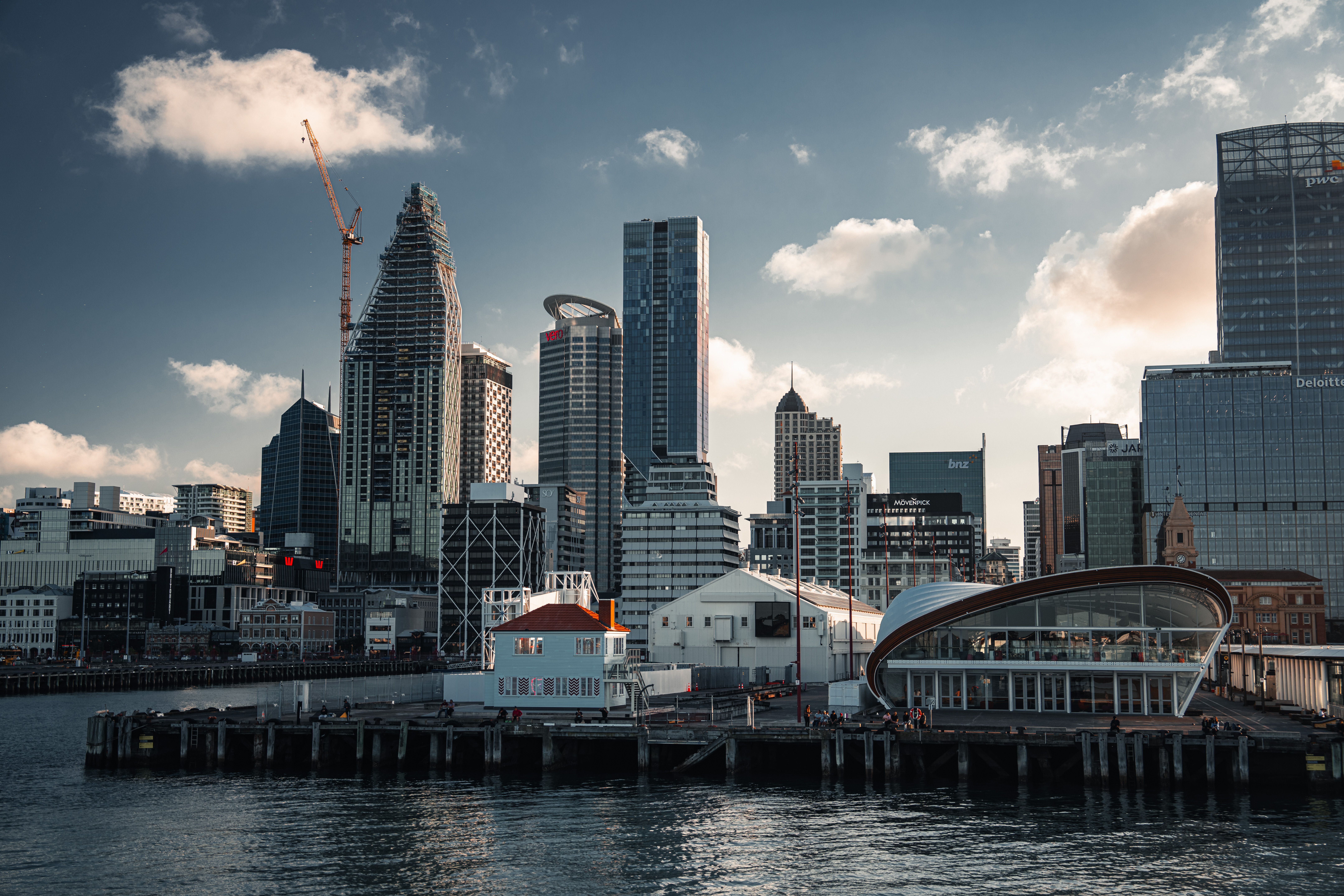 Modern waterfront skyline in a New Zealand city.